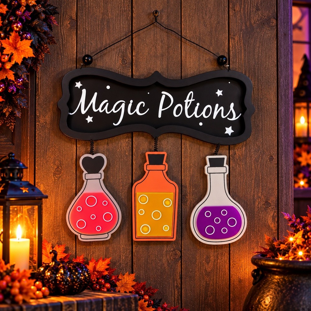 Magic Potions Halloween Hanging Wall Decor Colorful Witchy Wood Sign 13 in NWOB
